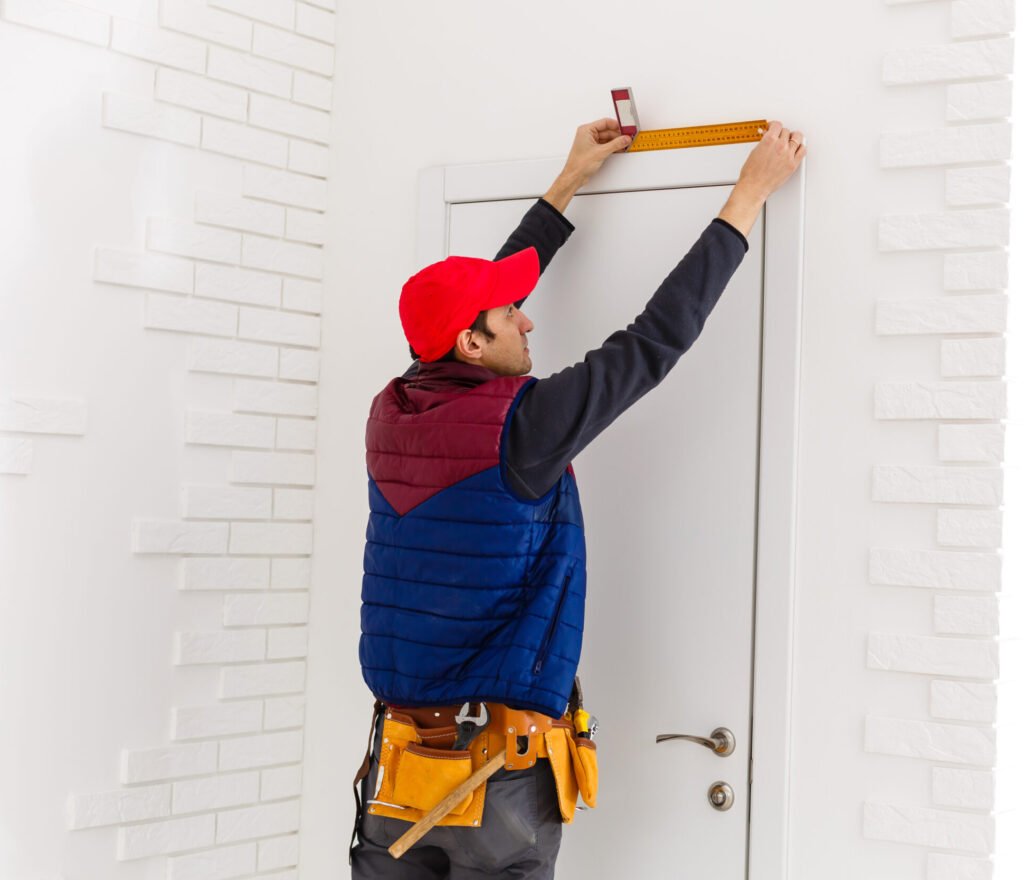 Leistungen handsome young man installing a door in a new house construction site